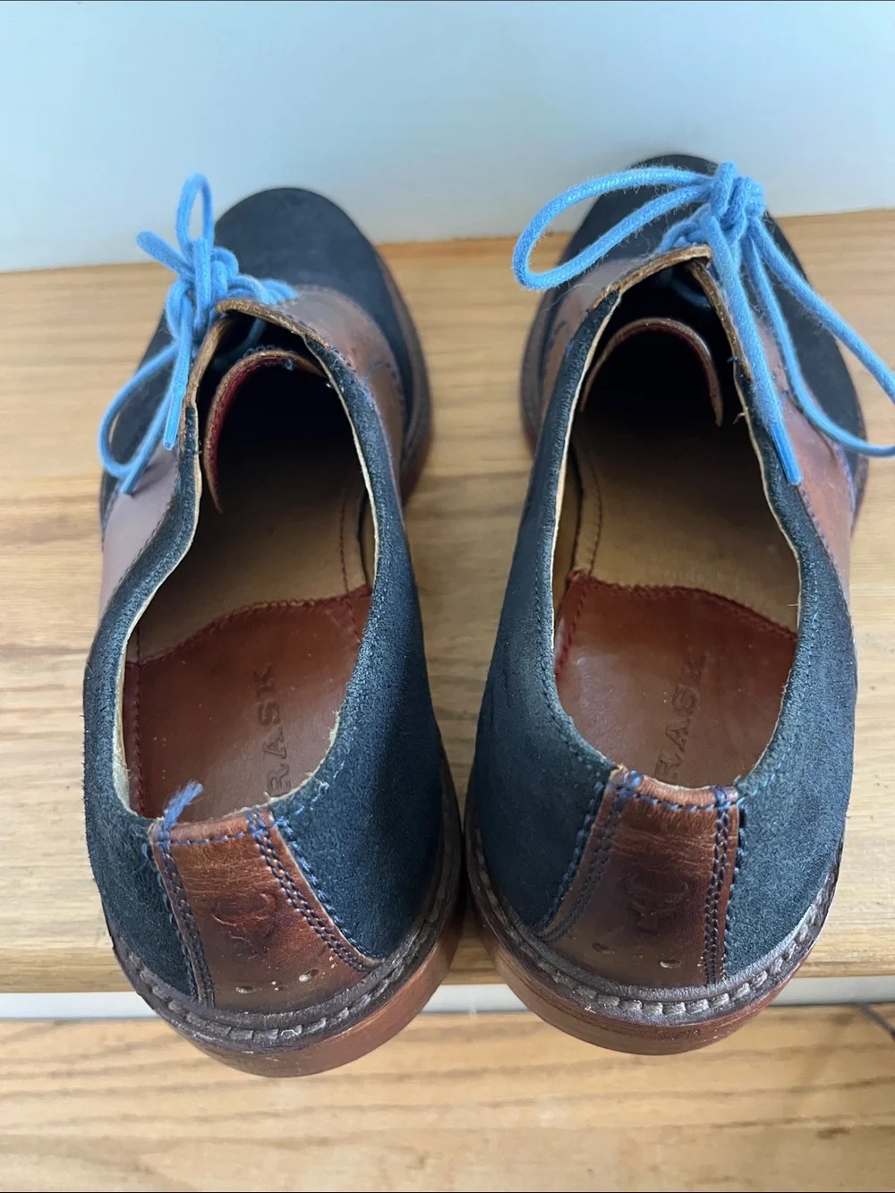 Trask Black Suede and Brown Leather Derby Shoes with Light Blue Laces